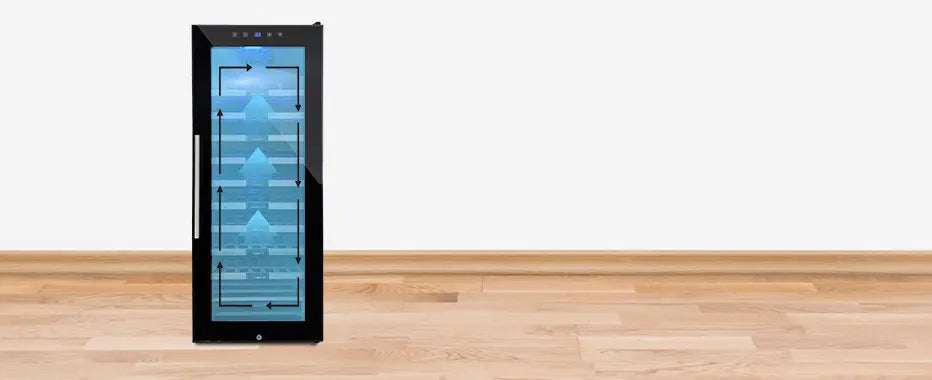 A banner shows how cooling will transfer in a triple zone wine cabinet