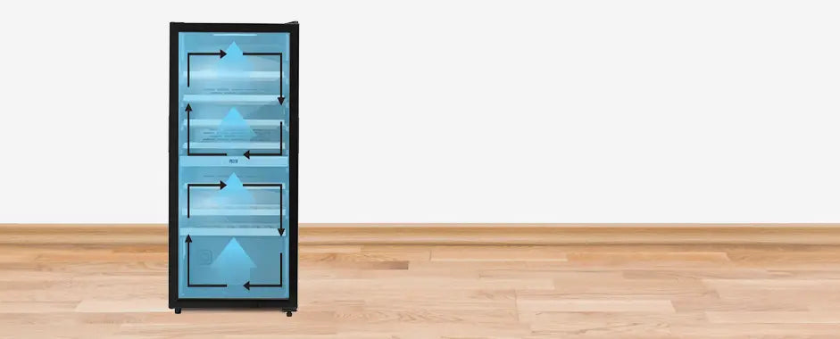 A banner shows how cooling will transfer in a dual zone wine cabinet