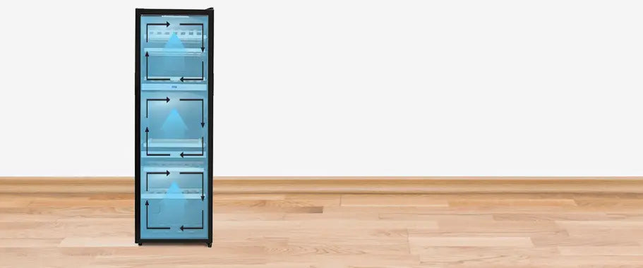 A banner shows how cooling will transfer in a Triple zone wine fridge