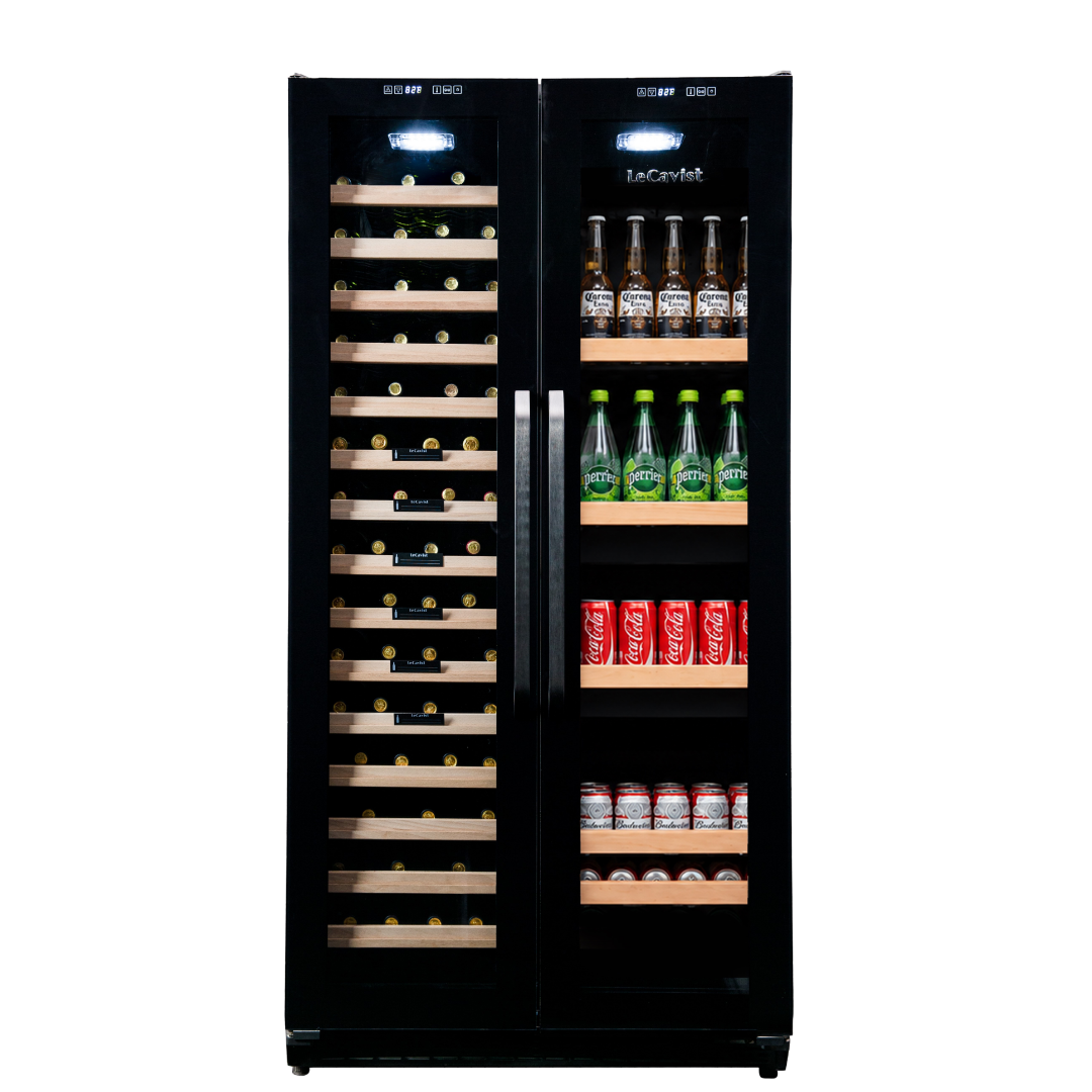 LeCavist Wine Cabinet - 188 Bottle - Dual Zone Side by Side - Built-in - Black - Flexible Beverage & Display Shelves Bundle (LCS200VN2Z2DFLTSH)