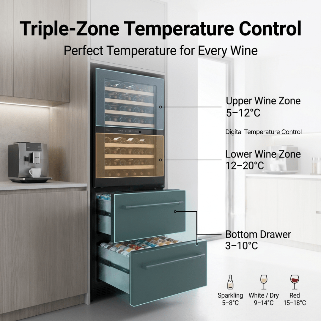 LECAVIST Wine Cabinet - 133 Bottle - Triple Zone with Beverage Drawers - Built-in - Black (LCS458VN2DP) - Built-In - LeCavist Wine Cabinets