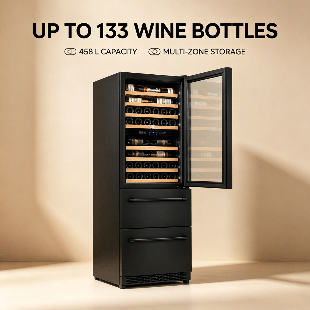 LECAVIST Wine Cabinet - 133 Bottle - Triple Zone with Beverage Drawers - Built-in - Black (LCS458VN2DP) - Built-In - LeCavist Wine Cabinets