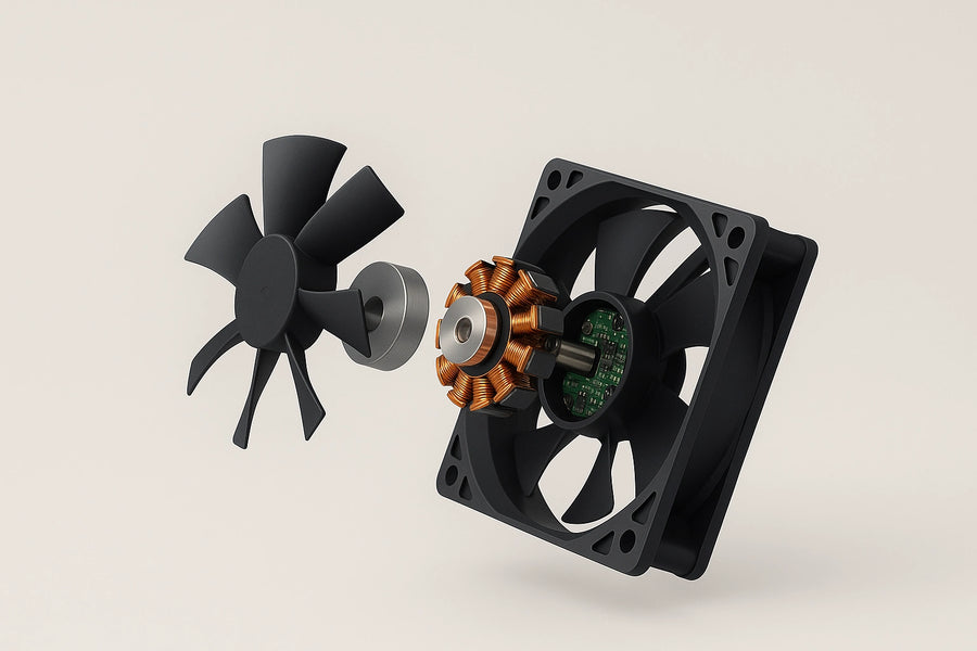 Exploded view of a wine cabinet cooling fan assembly showing blades, rotor, stator, and internal electronic components