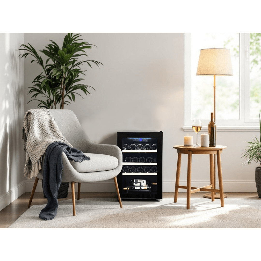 LIFESTYLE: LECAVIST Beverage Fridge - 21 Bottle - Single Zone - Freestanding - Black (LEK21PV) Pre-Order - Freestanding - LeCavist Wine Cabinets