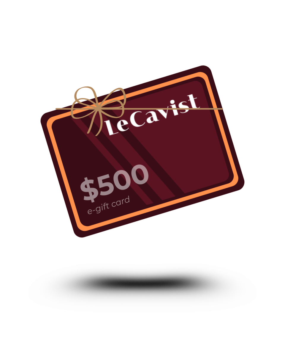 $1000 LeCavist gift card with burgundy and gold color scheme