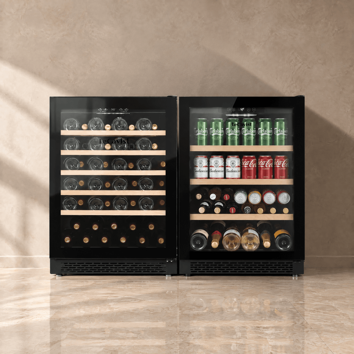 LECAVIST Wine & Beverage Cabinet Duo - 52 Bottle + 140L (LJ52VNBU + LJ140BC) - Dual Zone - Built-in - Black (LJ52140DUO) - Built-In - LeCavist Wine Cabinets