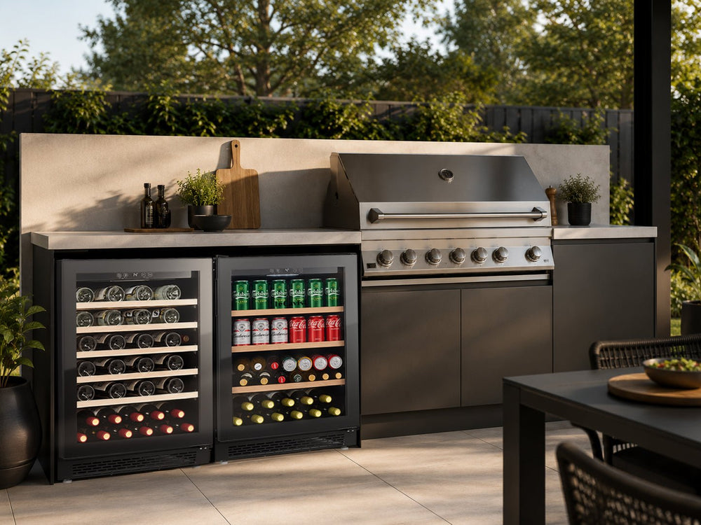 LECAVIST Wine & Beverage Cabinet Duo - 52 Bottle + 140L (LJ52VNBU + LJ140BC) – Single Zone Wine Storage & Beverage Cooling – Built-in – Black (LJ52140DUO) - Built-In - LeCavist Wine Cabinets