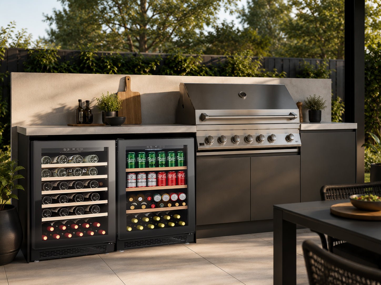 LECAVIST Wine & Beverage Cabinet Duo - 52 Bottle + 140L (LJ52VNBU + LJ140BC) – Single Zone Wine Storage & Beverage Cooling – Built-in – Black (LJ52140DUO) - Built-In - LeCavist Wine Cabinets