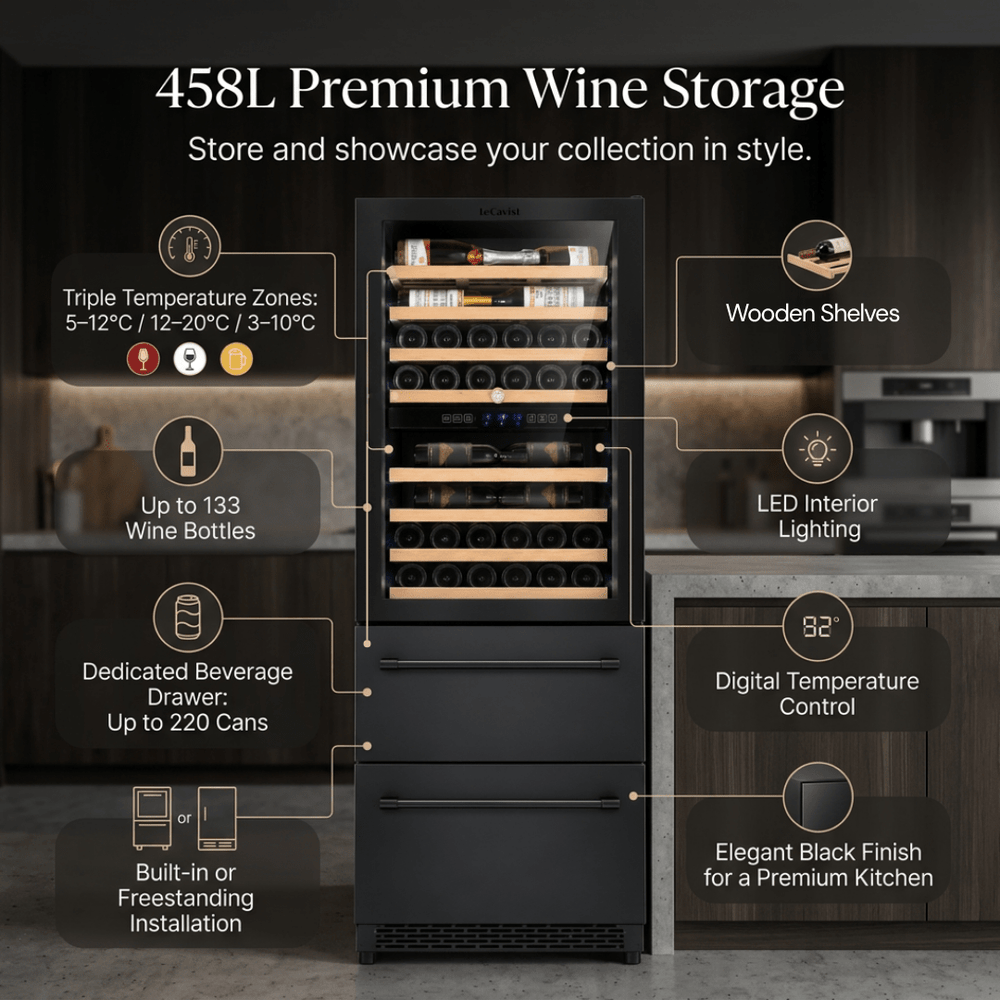 LECAVIST Wine Cabinet - 133 Bottle - Triple Zone with Beverage Drawers - Built-in - Black (LCS458VN2DP) - Built-In - LeCavist Wine Cabinets