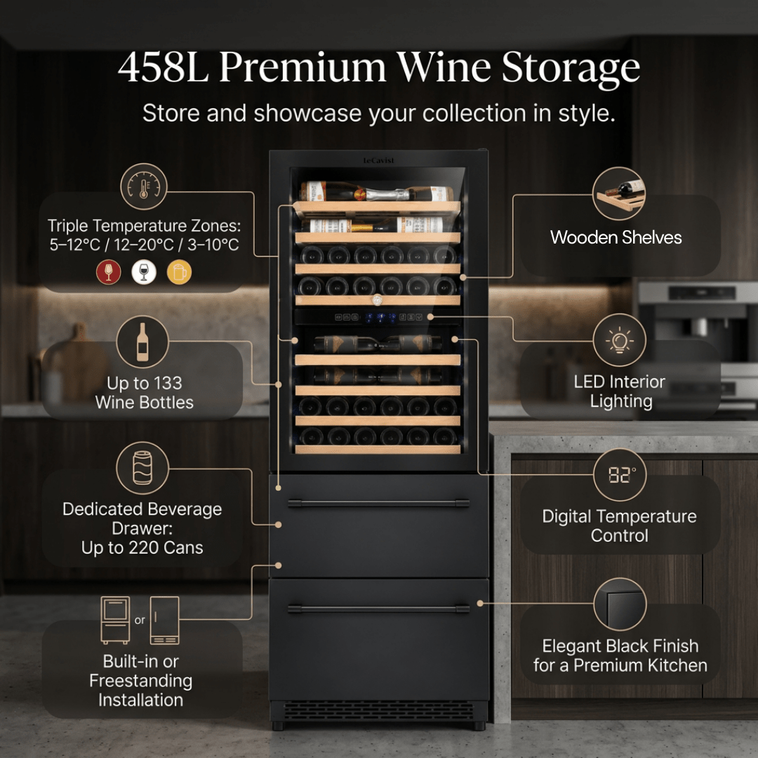 LECAVIST Wine Cabinet - 133 Bottle - Triple Zone with Beverage Drawers - Built-in - Black (LCS458VN2DP) - Built-In - LeCavist Wine Cabinets