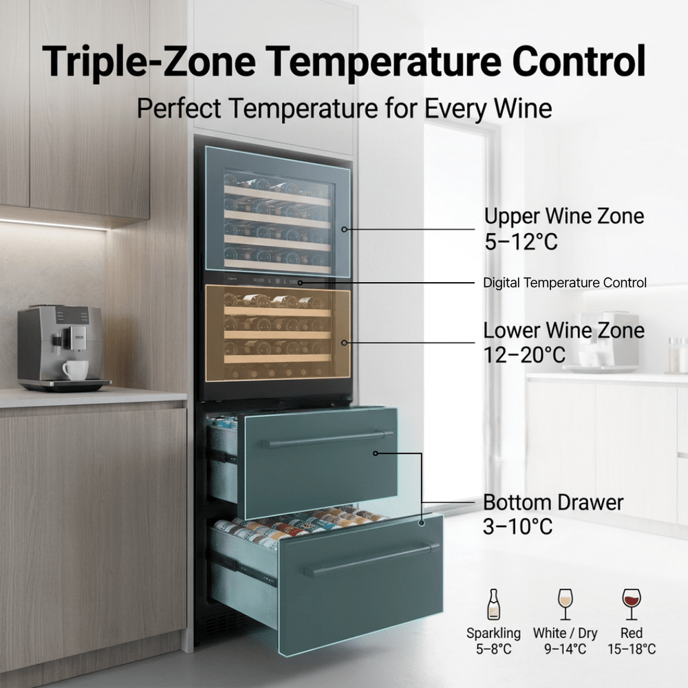 LECAVIST Wine Cabinet - 133 Bottle - Triple Zone with Beverage Drawers - Built-in - Black (LCS458VN2DP) - Built-In - LeCavist Wine Cabinets