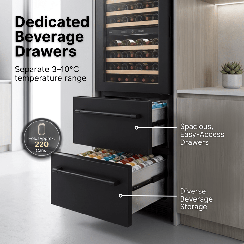 LECAVIST Wine Cabinet - 133 Bottle - Triple Zone with Beverage Drawers - Built-in - Black (LCS458VN2DP) - Built-In - LeCavist Wine Cabinets