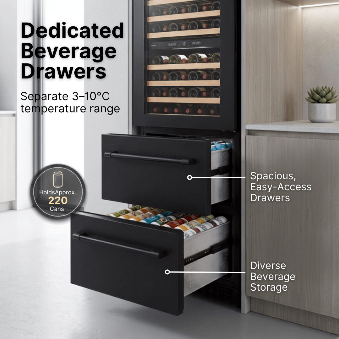 LECAVIST Wine Cabinet - 133 Bottle - Triple Zone with Beverage Drawers - Built-in - Black (LCS458VN2DP) - Built-In - LeCavist Wine Cabinets