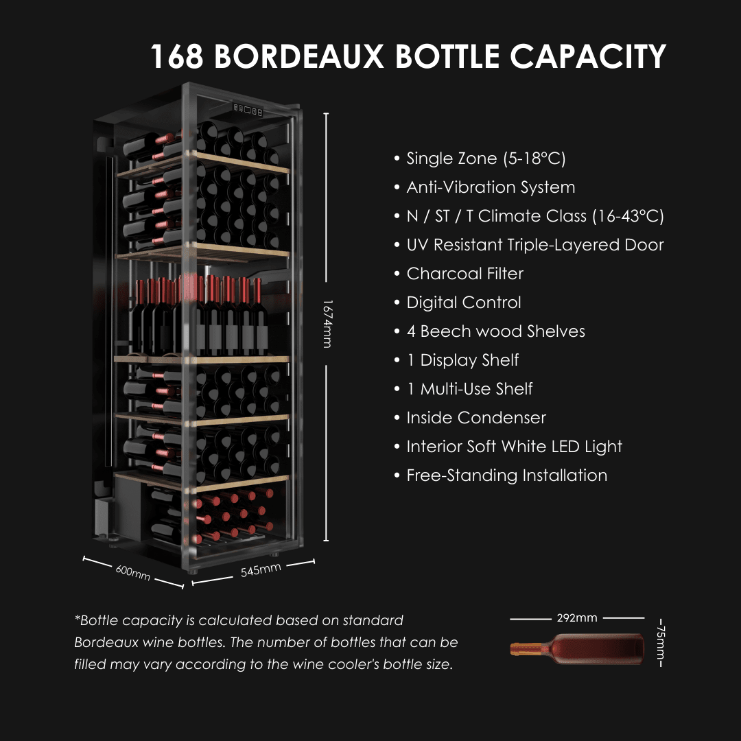 DETAILS: LECAVIST Wine Cabinet Duo – 336 Bottle (2 × 168) – Single Zone – Freestanding - Black (LEK168PVX2) PRE-ORDER - Freestanding - LeCavist Wine Cabinets